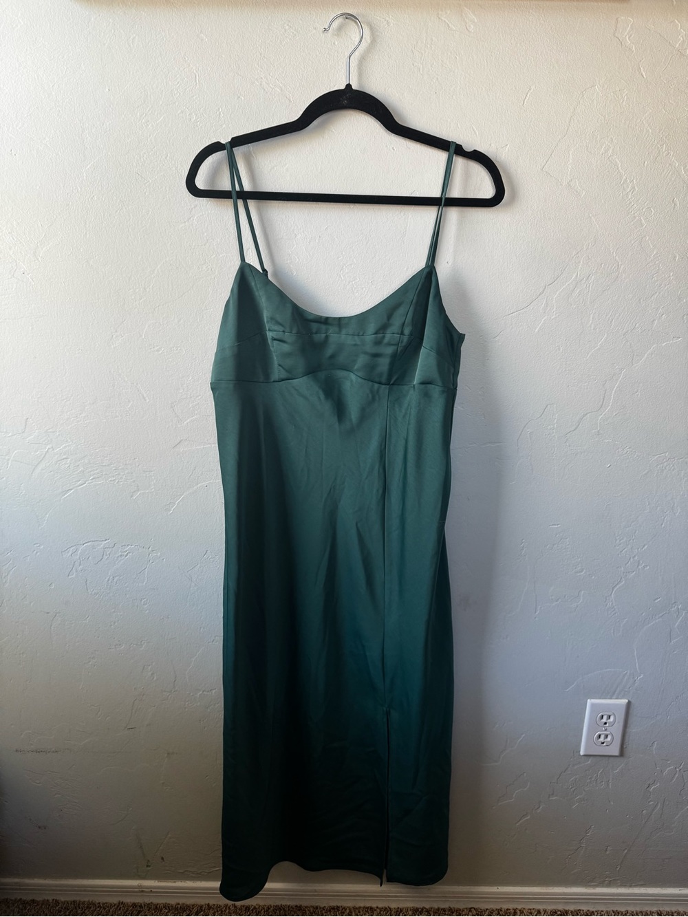 a new day Deep Green Satin Midi Slip Dress with Spaghetti Straps